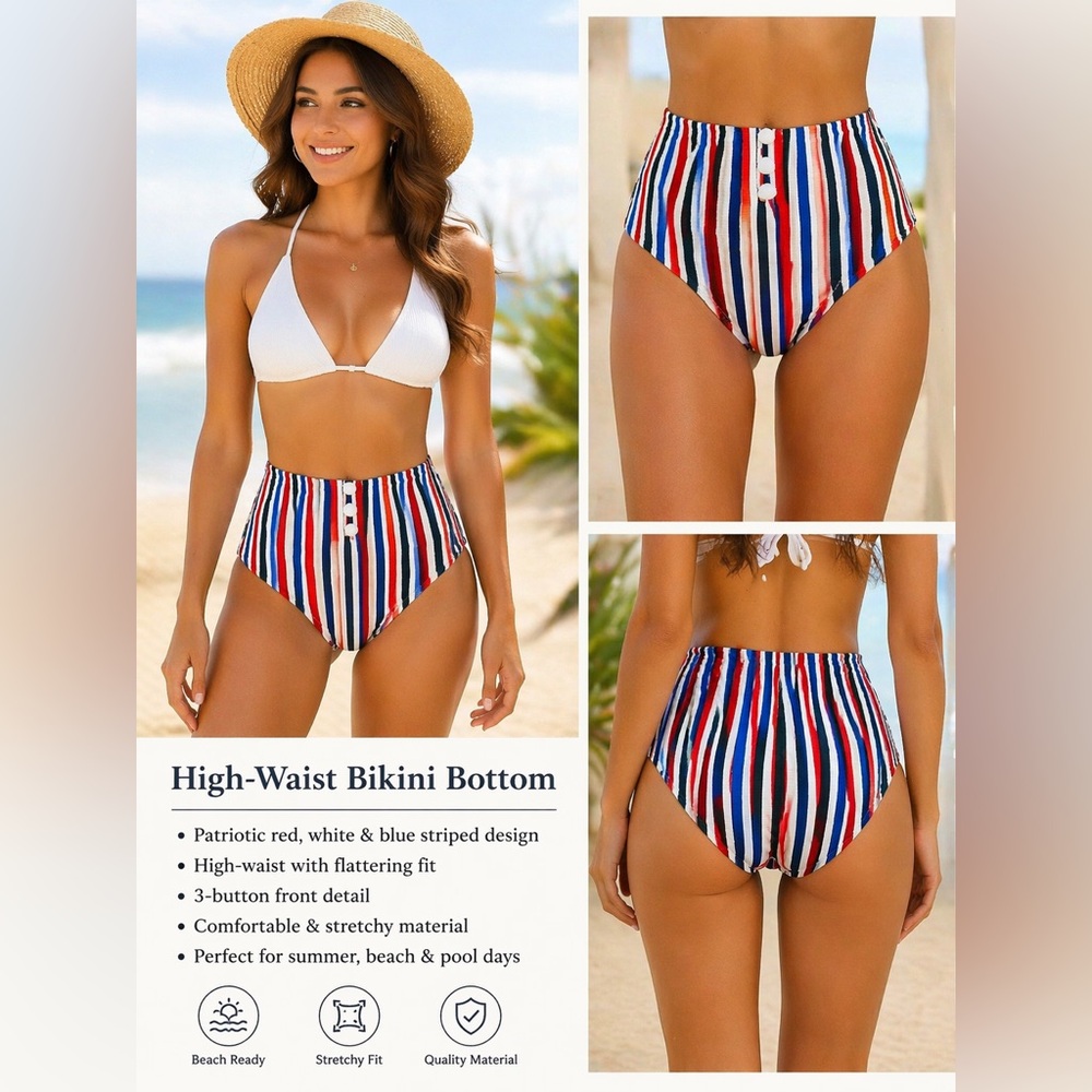 Xhilaration High Waisted Bikini Bottoms Red White Blue Striped Size Small NWT